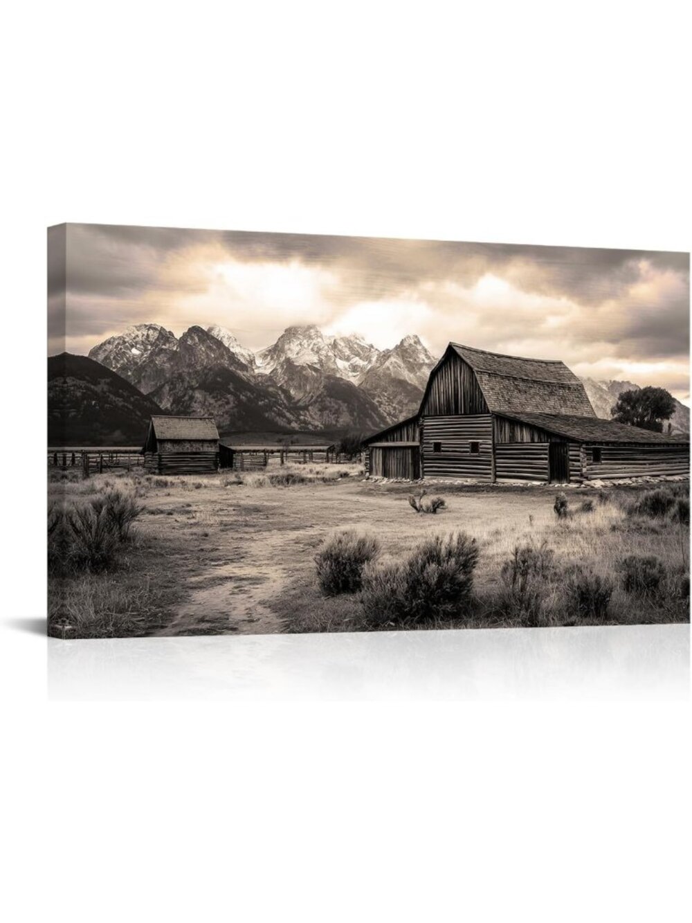 Rustic Farmhouse Canvas Wall Art - Vintage Barn & Mountain Landscape Decor 20x36